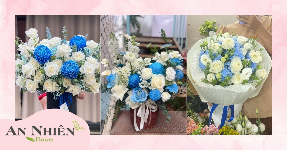 Bó hồng trắng phối hoa xanh