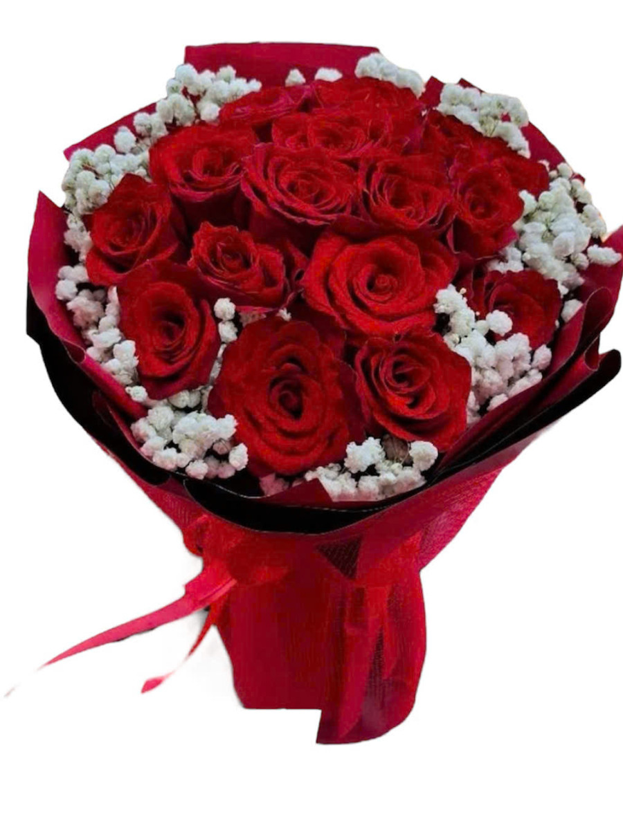 Bó hoa tròn hồng đỏ baby trắng