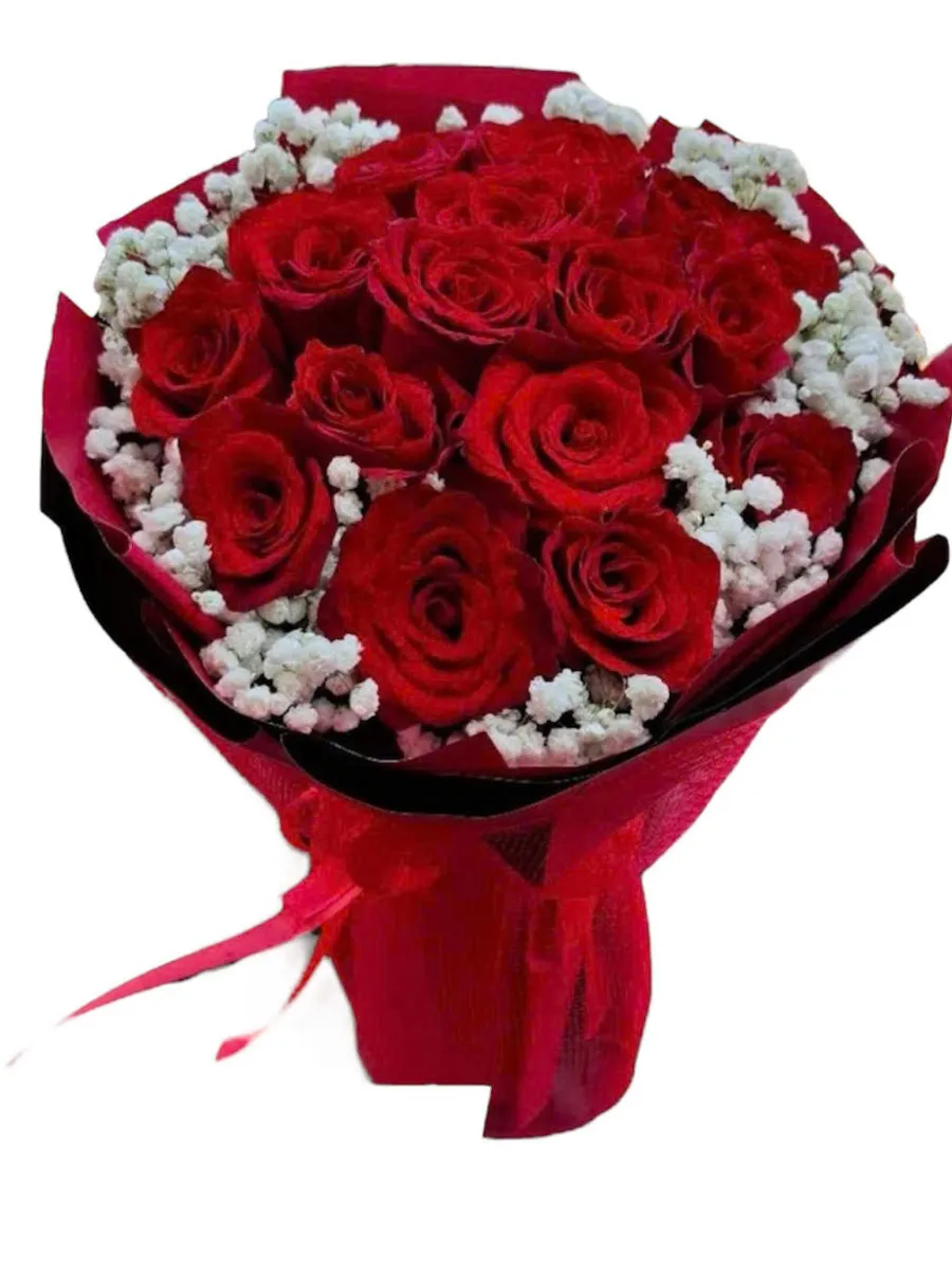 Bó hoa tròn hồng đỏ baby trắng